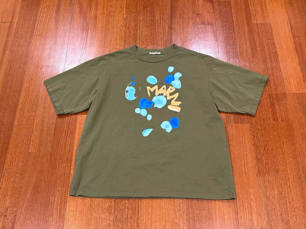 Marni Olive Green Short Sleeve Tee with Blue and Yellow Graphic